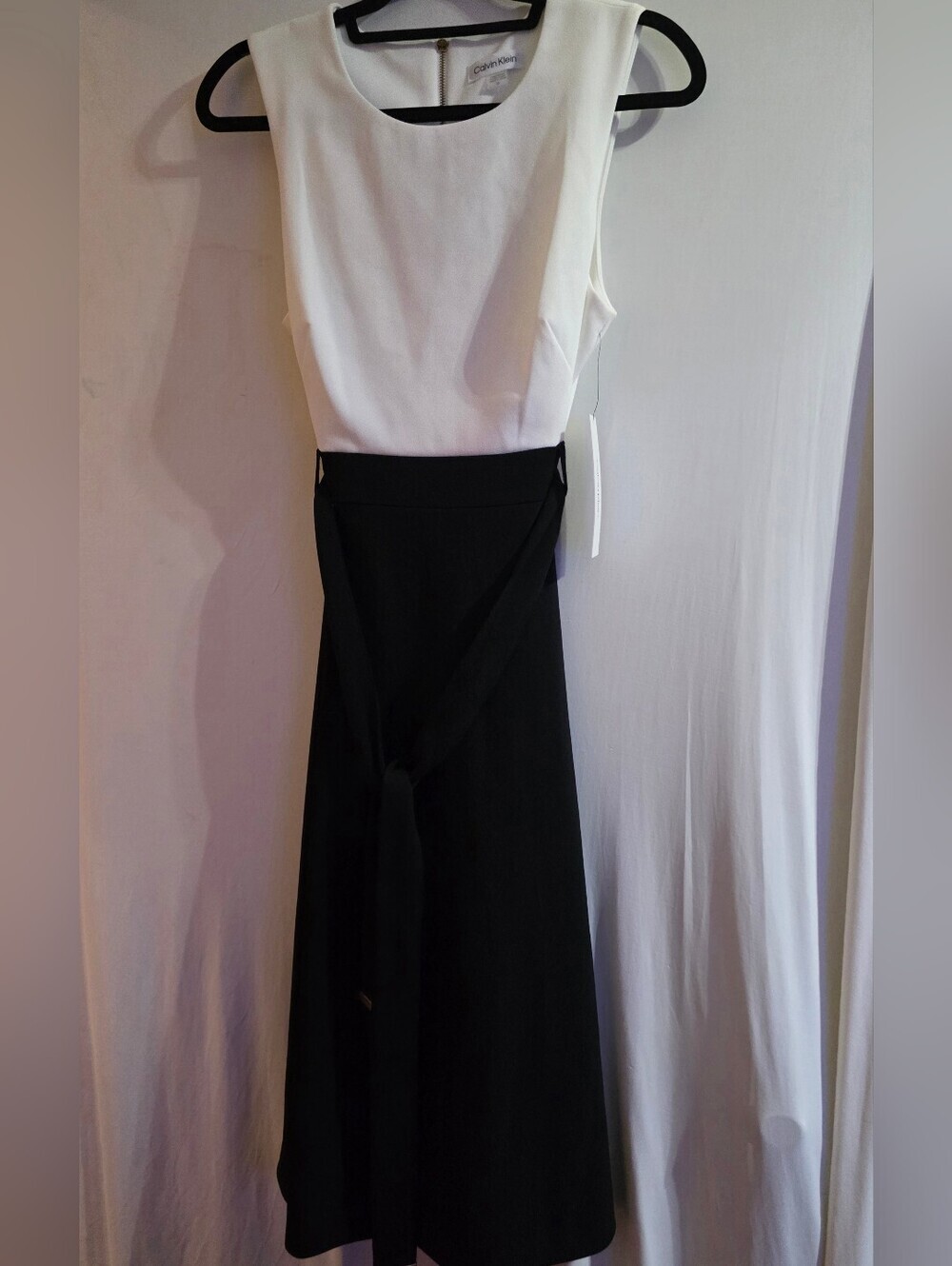 NWT Calvin Klein Black White Colorblock Midi Dress Belted Size 10 - Picture 3 of 11